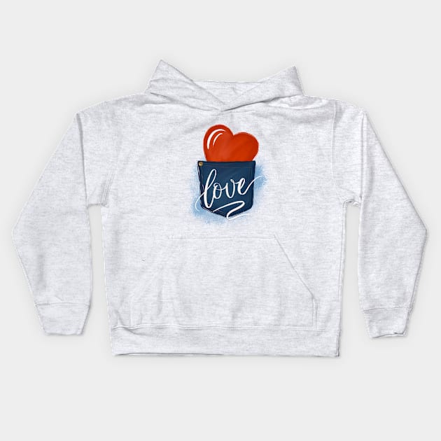 Jeans pocket wth red heart, word Love Kids Hoodie by linasemenova